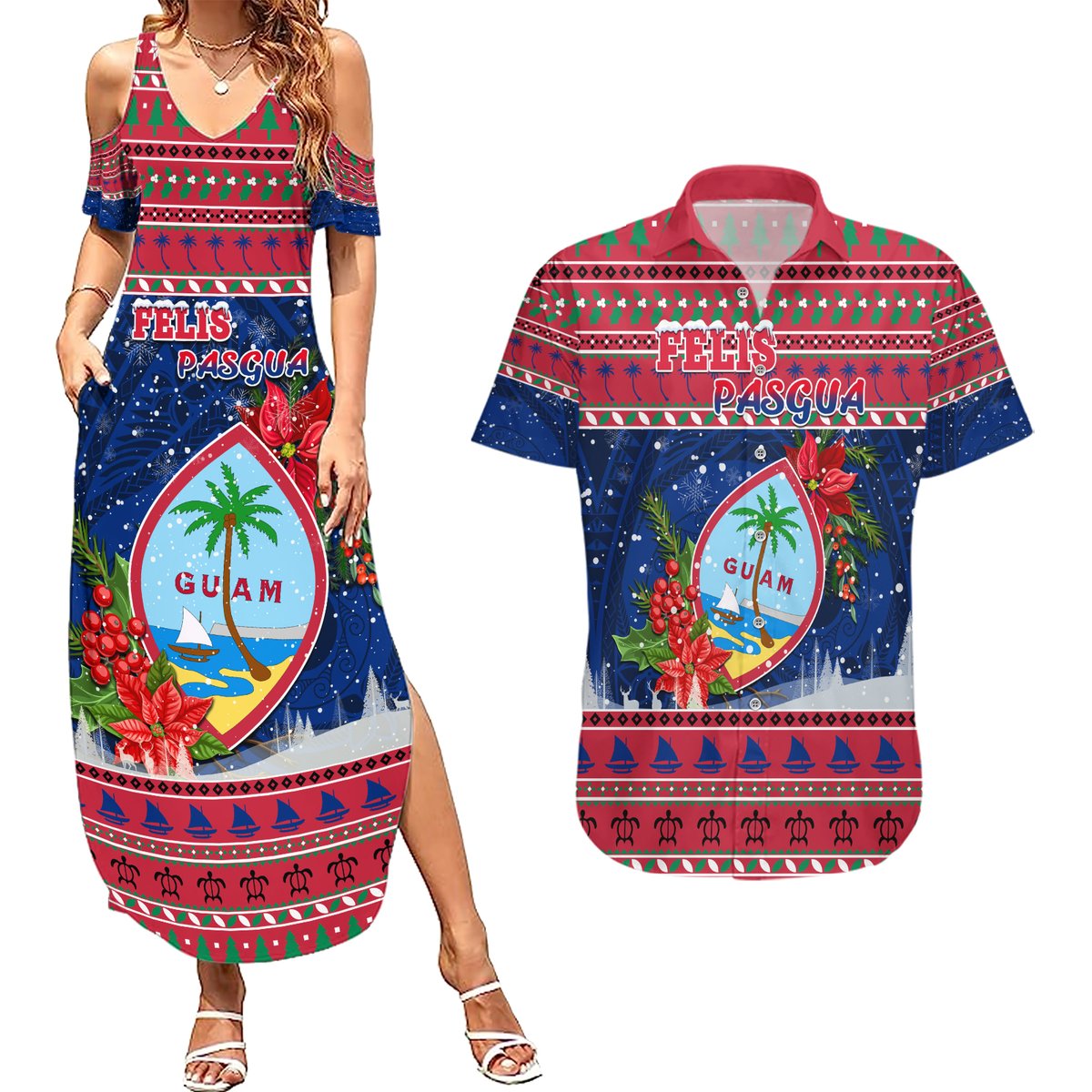 Personalized Guam Christmas Couples Matching Summer Maxi Dress and Hawaiian Shirt Guaman Seal Poinsettia Felis Pasgua LT05 Red - Polynesian Pride