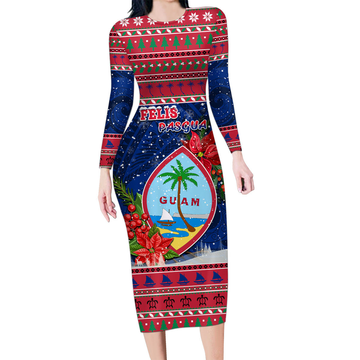 Personalized Guam Christmas Family Matching Long Sleeve Bodycon Dress and Hawaiian Shirt Guaman Seal Poinsettia Felis Pasgua LT05 Mom's Dress Red - Polynesian Pride
