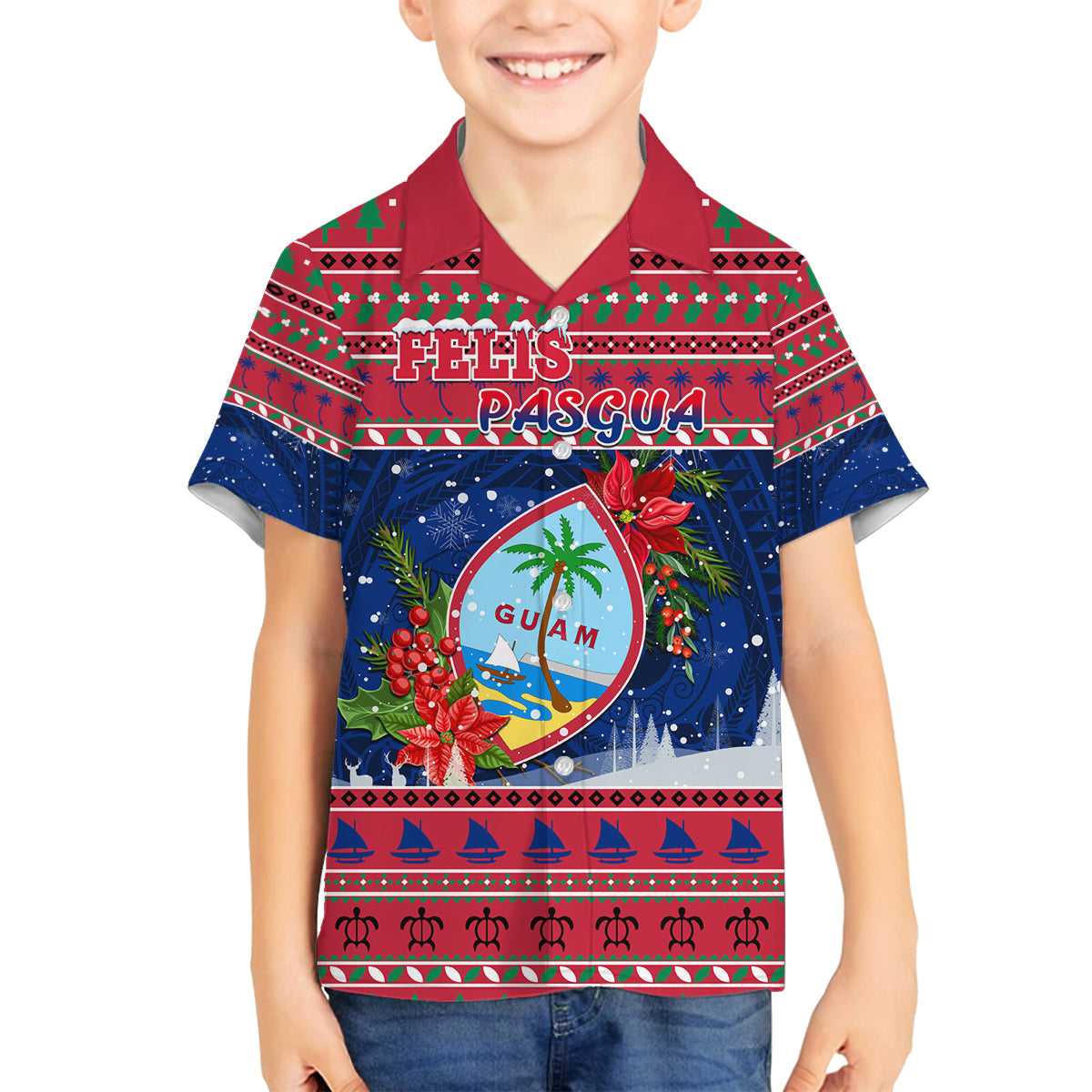 Personalized Guam Christmas Family Matching Puletasi Dress and Hawaiian Shirt Guaman Seal Poinsettia Felis Pasgua LT05 Son's Shirt Red - Polynesian Pride