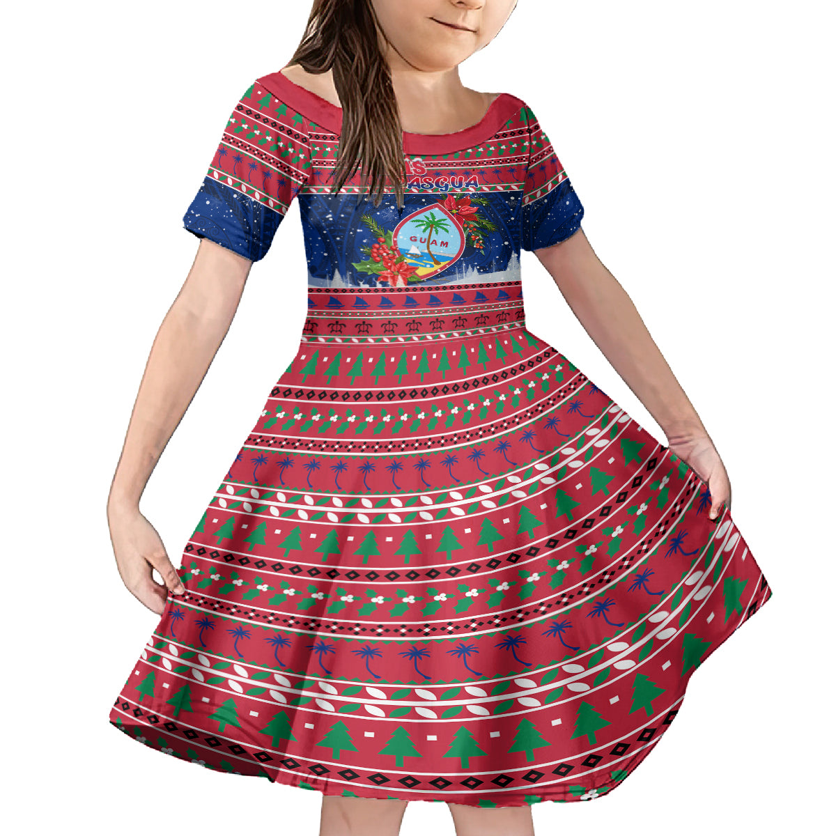 Personalized Guam Christmas Kid Short Sleeve Dress Guaman Seal Poinsettia Felis Pasgua LT05 KID Red - Polynesian Pride