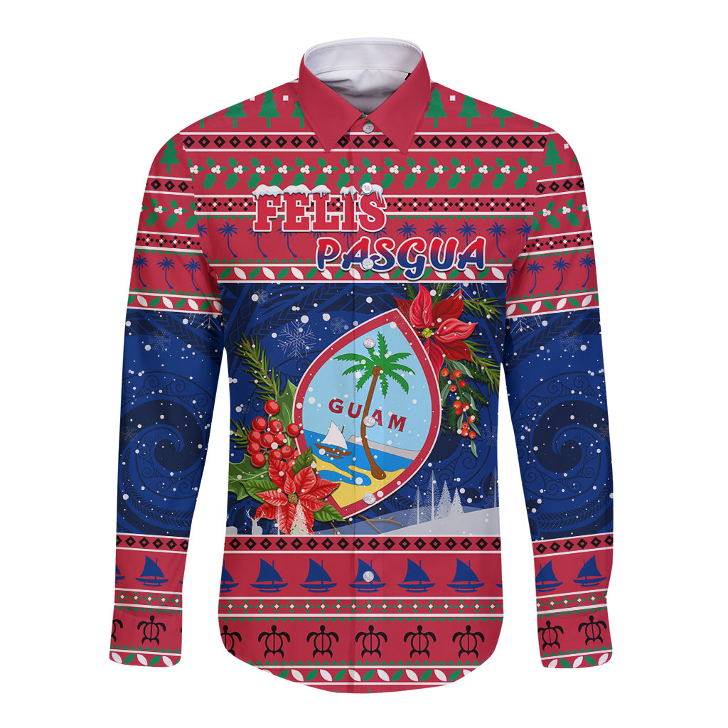 Personalized Guam Christmas Long Sleeve Button Shirt Guaman Seal Poinsettia Felis Pasgua LT05 Unisex Red - Polynesian Pride