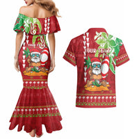 Personalised Hawaii Christmas Couples Matching Mermaid Dress and Hawaiian Shirt Funny Santa Claus Surf Mele Kalikimaka