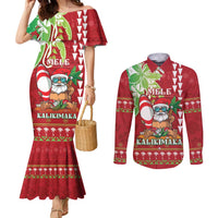Personalised Hawaii Christmas Couples Matching Mermaid Dress and Long Sleeve Button Shirt Funny Santa Claus Surf Mele Kalikimaka