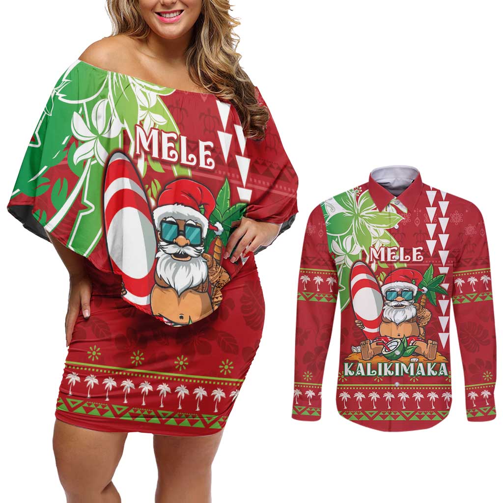Personalised Hawaii Christmas Couples Matching Off Shoulder Short Dress and Long Sleeve Button Shirt Funny Santa Claus Surf Mele Kalikimaka