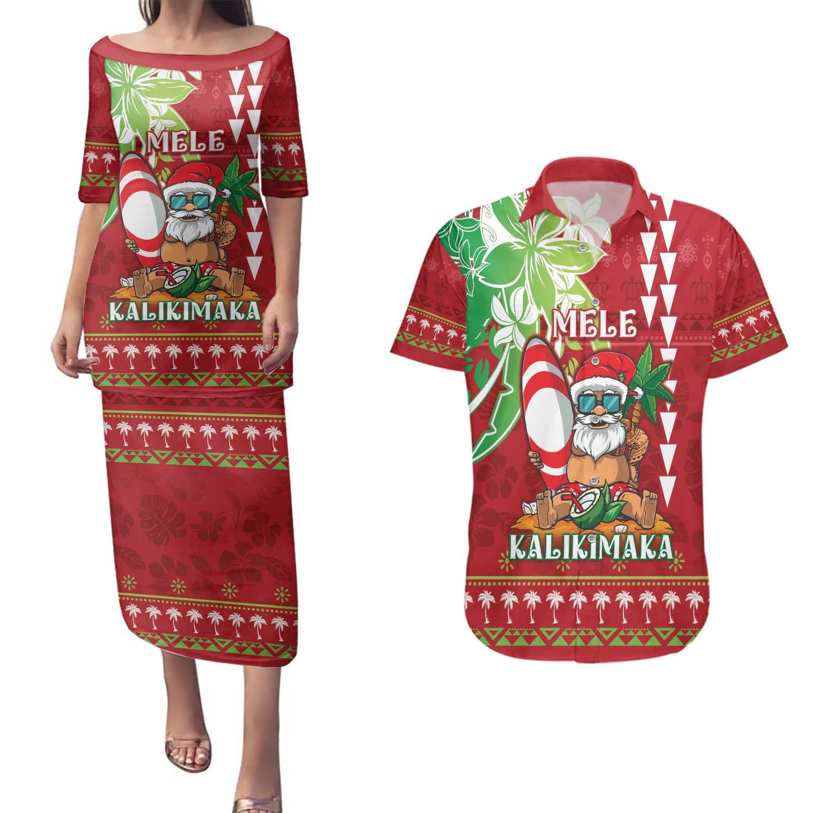Personalised Hawaii Christmas Couples Matching Puletasi and Hawaiian Shirt Funny Santa Claus Surf Mele Kalikimaka