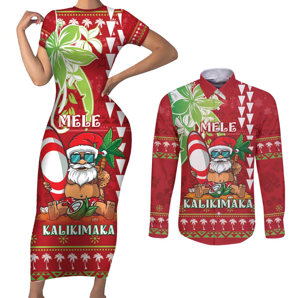Personalised Hawaii Christmas Couples Matching Short Sleeve Bodycon Dress and Long Sleeve Button Shirt Funny Santa Claus Surf Mele Kalikimaka