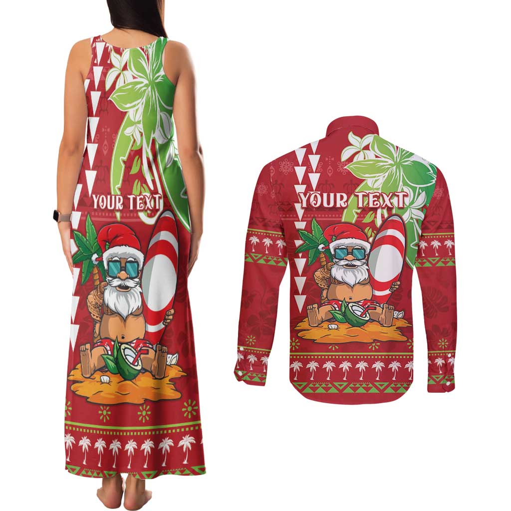 Personalised Hawaii Christmas Couples Matching Tank Maxi Dress and Long Sleeve Button Shirt Funny Santa Claus Surf Mele Kalikimaka