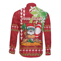 Personalised Hawaii Christmas Long Sleeve Button Shirt Funny Santa Claus Surf Mele Kalikimaka