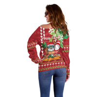 Personalised Hawaii Christmas Off Shoulder Sweater Funny Santa Claus Surf Mele Kalikimaka