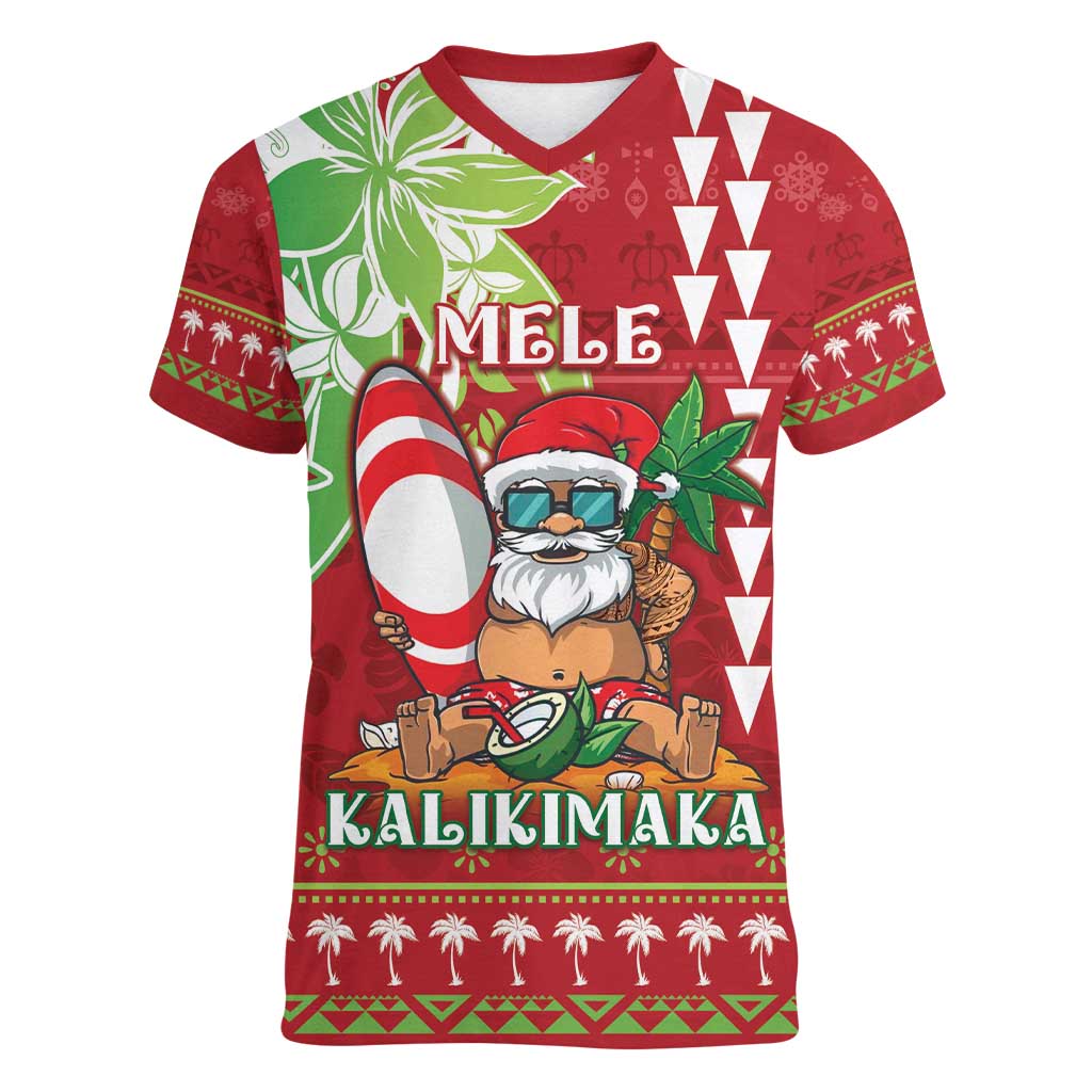 Personalised Hawaii Christmas Women V-Neck T-Shirt Funny Santa Claus Surf Mele Kalikimaka