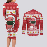 Hawaii Funny Christmas Couples Matching Long Sleeve Bodycon Dress and Long Sleeve Button Shirt Spam Musubi Santa