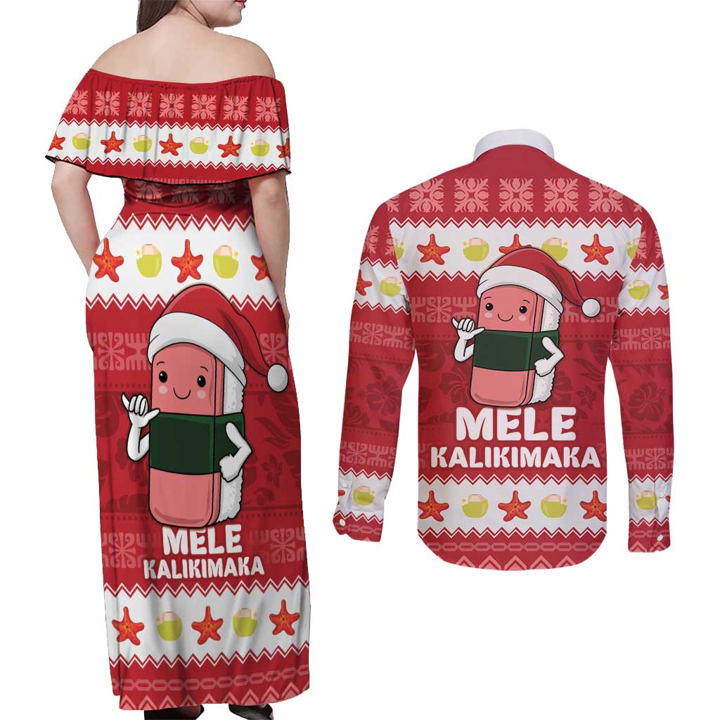 Hawaii Funny Christmas Couples Matching Off Shoulder Maxi Dress and Long Sleeve Button Shirt Spam Musubi Santa
