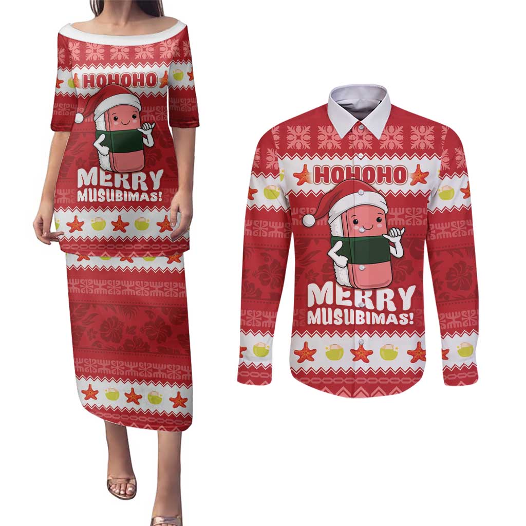 Hawaii Funny Christmas Couples Matching Puletasi and Long Sleeve Button Shirt Spam Musubi Santa