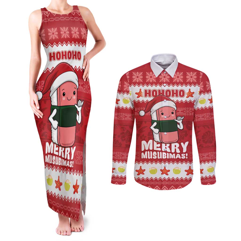 Hawaii Funny Christmas Couples Matching Tank Maxi Dress and Long Sleeve Button Shirt Spam Musubi Santa