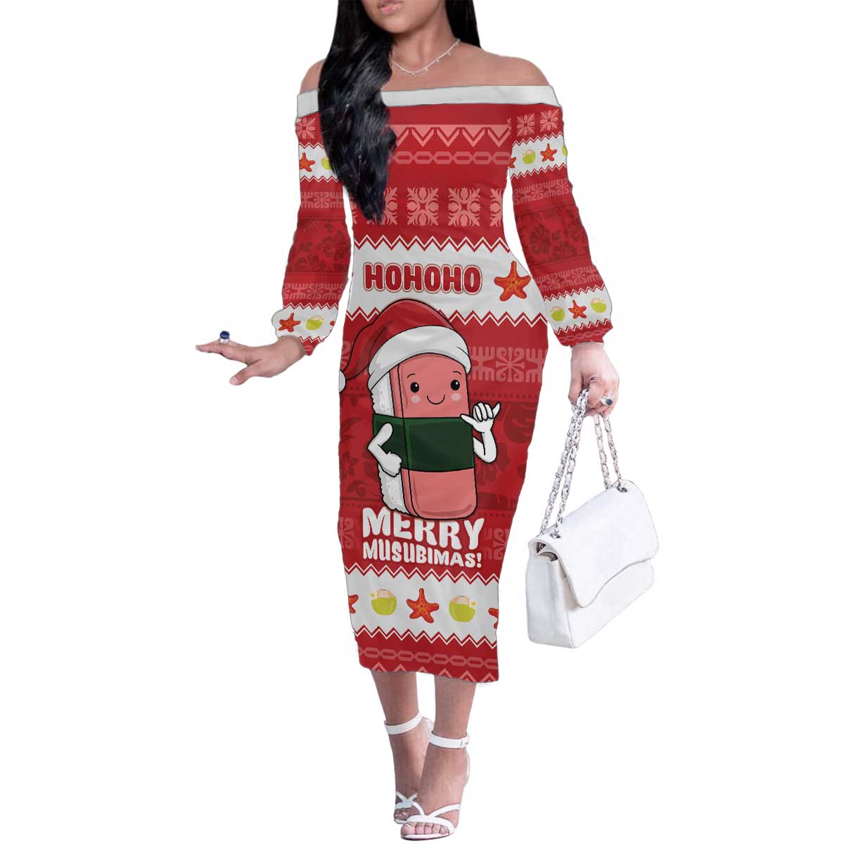 Hawaii Funny Christmas Family Matching Off The Shoulder Long Sleeve Dress and Hawaiian Shirt Spam Musubi Santa