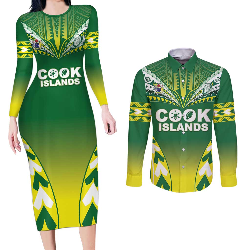 Cook Islands Rugby Custom Couples Matching Long Sleeve Bodycon Dress and Long Sleeve Button Shirt The Kukis Go Champions