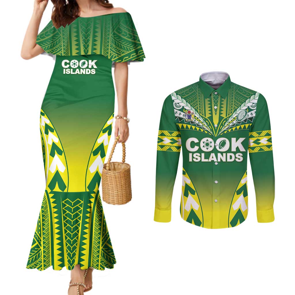 Cook Islands Rugby Custom Couples Matching Mermaid Dress and Long Sleeve Button Shirt The Kukis Go Champions