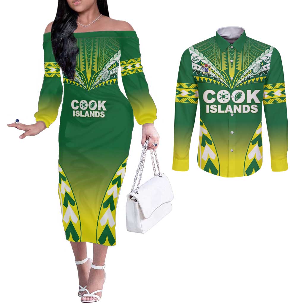 Cook Islands Rugby Custom Couples Matching Off The Shoulder Long Sleeve Dress and Long Sleeve Button Shirt The Kukis Go Champions
