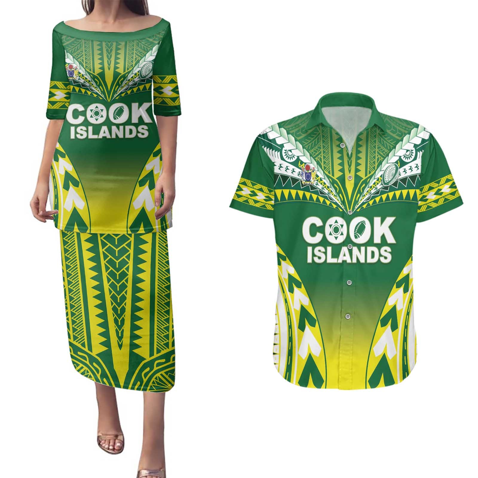 Cook Islands Rugby Custom Couples Matching Puletasi and Hawaiian Shirt The Kukis Go Champions