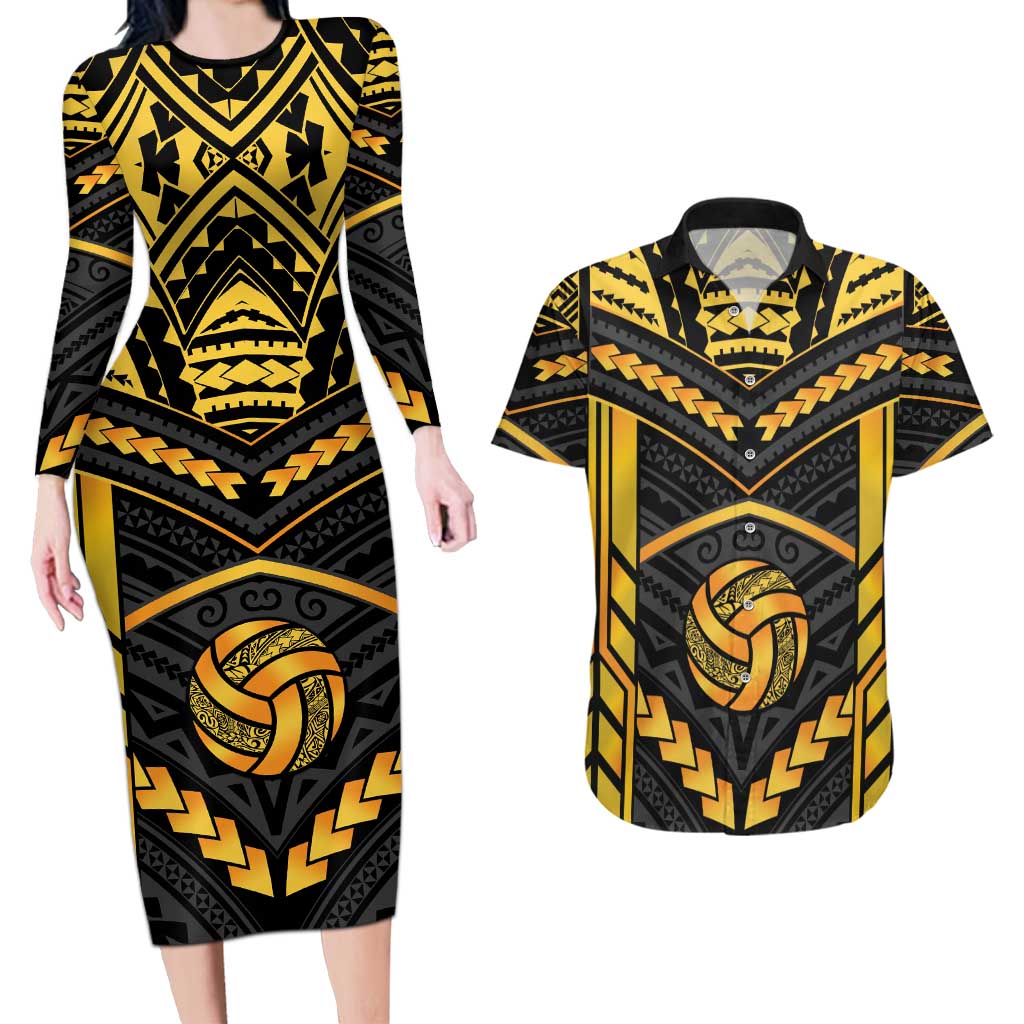 Custom Polynesia Beach Volleyball Couples Matching Long Sleeve Bodycon Dress and Hawaiian Shirt Gold Polynesian Tribal Pattern - Polynesian Pride