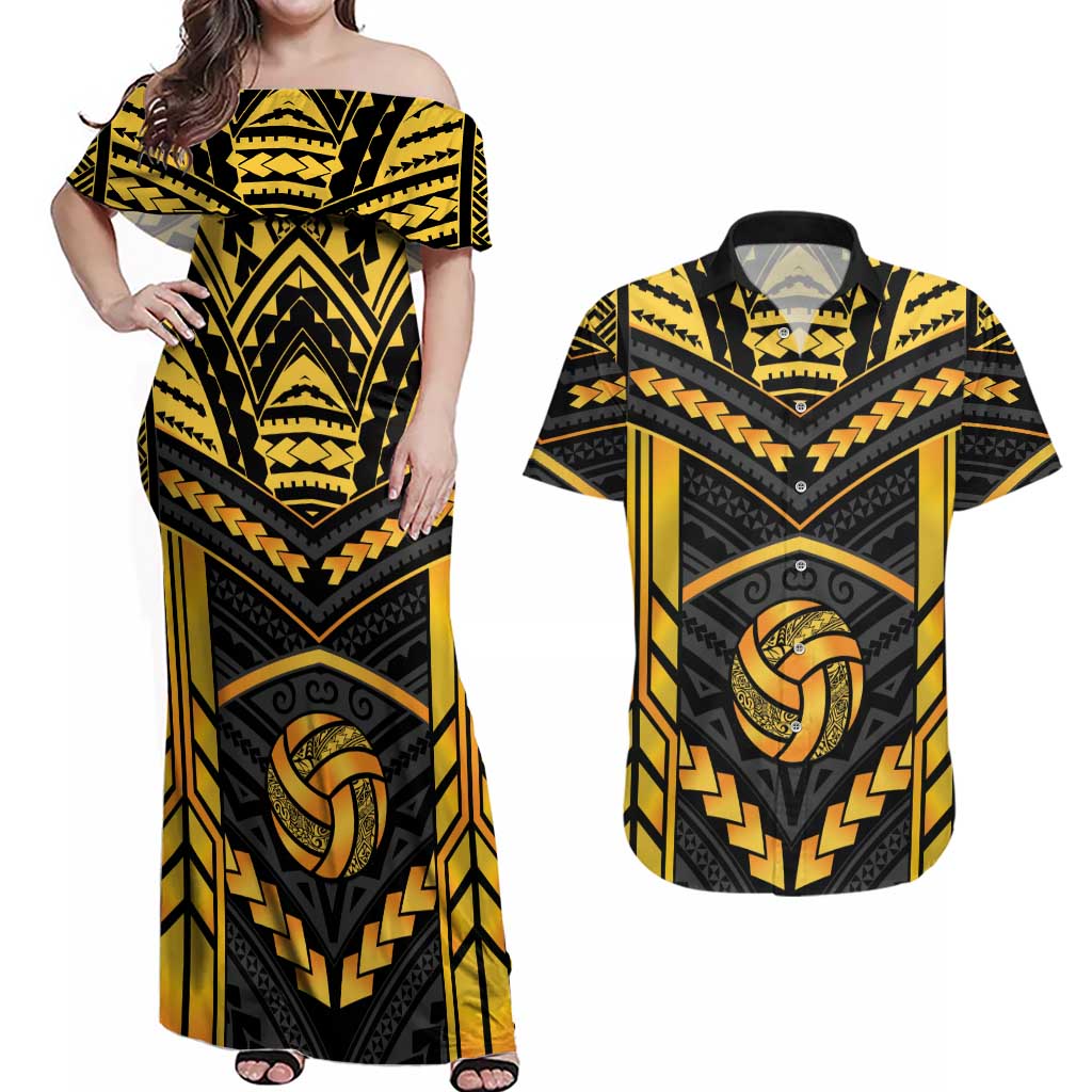 Custom Polynesia Beach Volleyball Couples Matching Off Shoulder Maxi Dress and Hawaiian Shirt Gold Polynesian Tribal Pattern LT05 Gold - Polynesian Pride