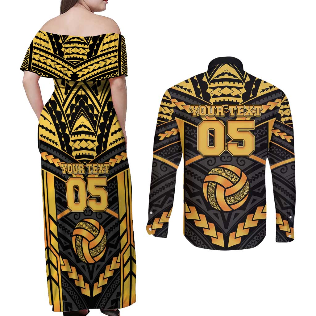 Custom Polynesia Beach Volleyball Couples Matching Off Shoulder Maxi Dress and Long Sleeve Button Shirt Gold Polynesian Tribal Pattern - Polynesian Pride