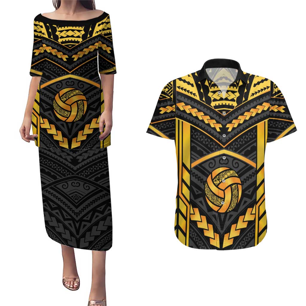 Custom Polynesia Beach Volleyball Couples Matching Puletasi and Hawaiian Shirt Gold Polynesian Tribal Pattern LT05 Gold - Polynesian Pride