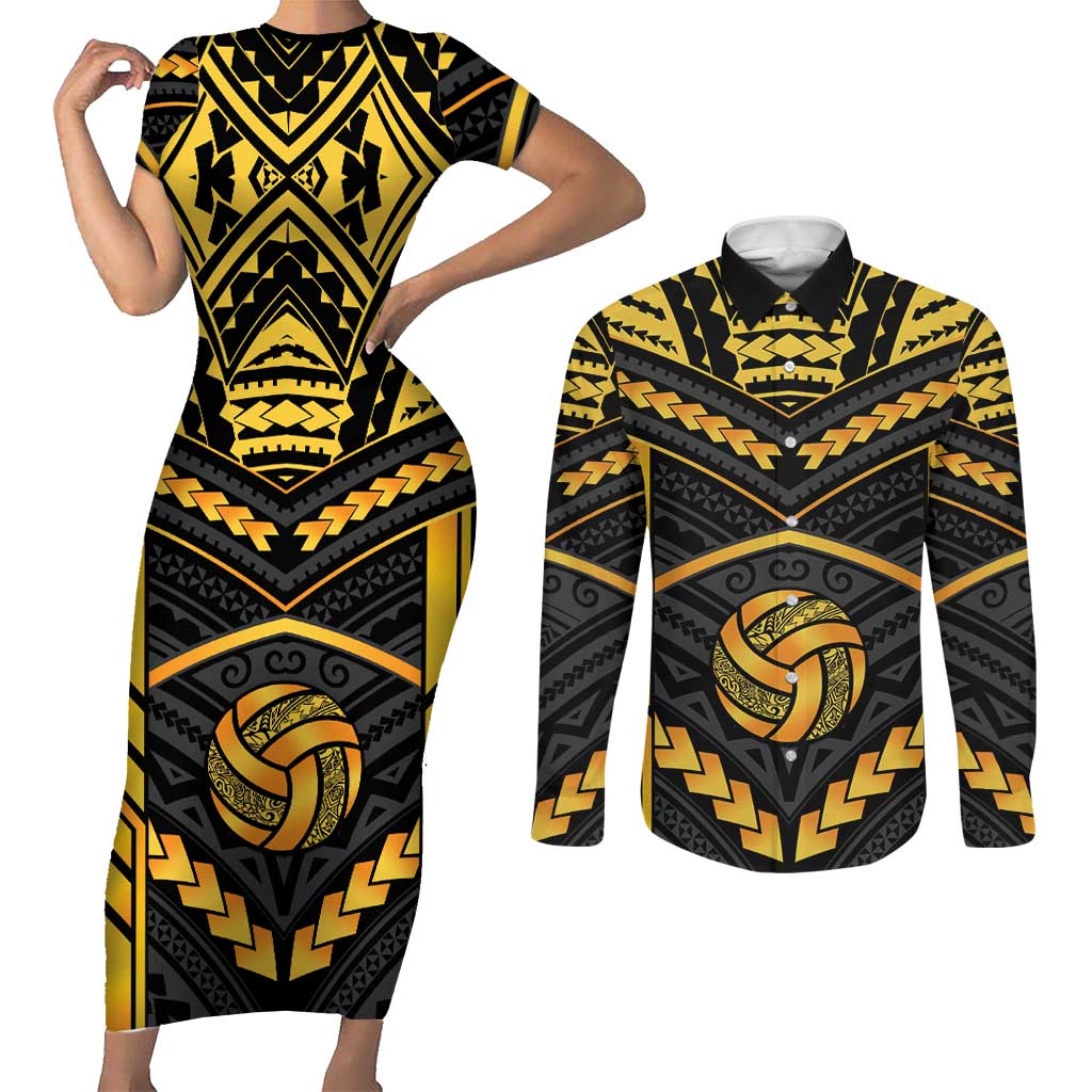 Custom Polynesia Beach Volleyball Couples Matching Short Sleeve Bodycon Dress and Long Sleeve Button Shirt Gold Polynesian Tribal Pattern - Polynesian Pride