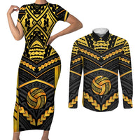 Custom Polynesia Beach Volleyball Couples Matching Short Sleeve Bodycon Dress and Long Sleeve Button Shirt Gold Polynesian Tribal Pattern LT05 Gold - Polynesian Pride