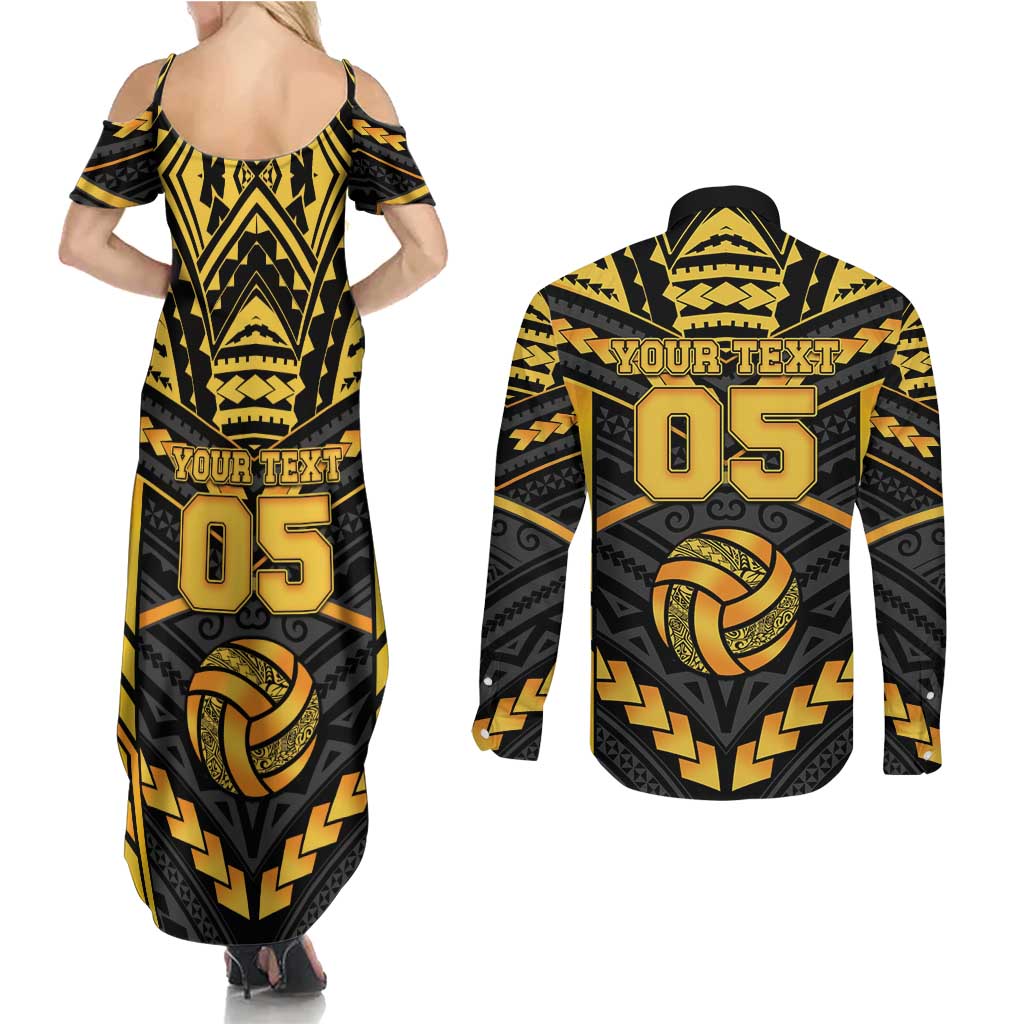 Custom Polynesia Beach Volleyball Couples Matching Summer Maxi Dress and Long Sleeve Button Shirt Gold Polynesian Tribal Pattern - Polynesian Pride