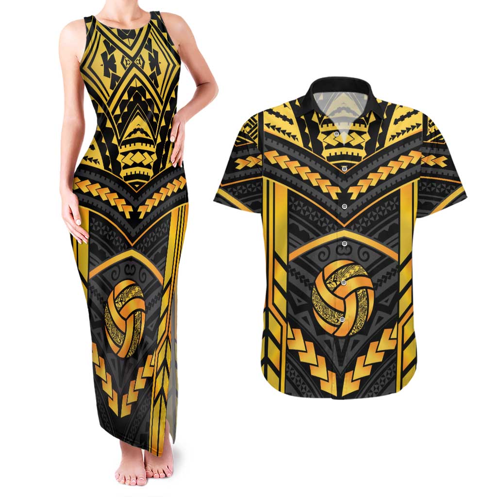 Custom Polynesia Beach Volleyball Couples Matching Tank Maxi Dress and Hawaiian Shirt Gold Polynesian Tribal Pattern LT05 Gold - Polynesian Pride