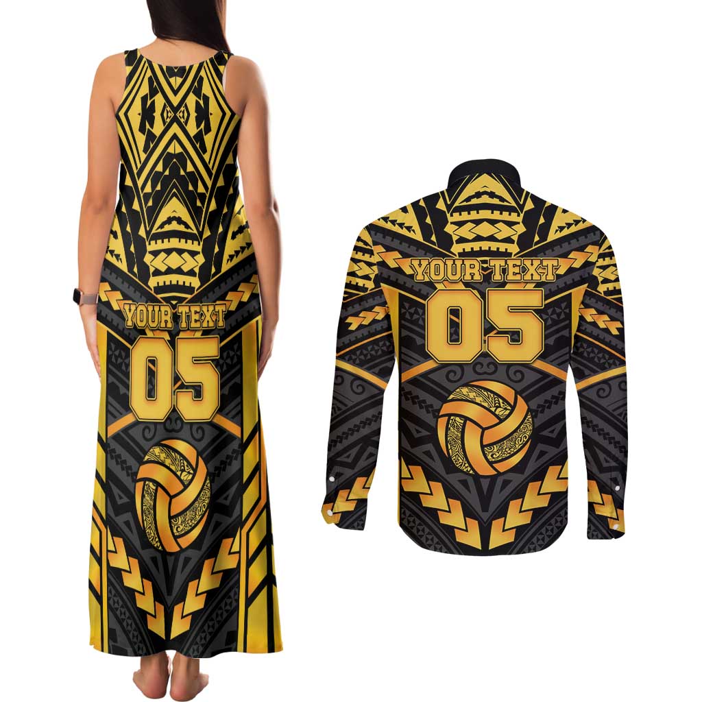 Custom Polynesia Beach Volleyball Couples Matching Tank Maxi Dress and Long Sleeve Button Shirt Gold Polynesian Tribal Pattern - Polynesian Pride