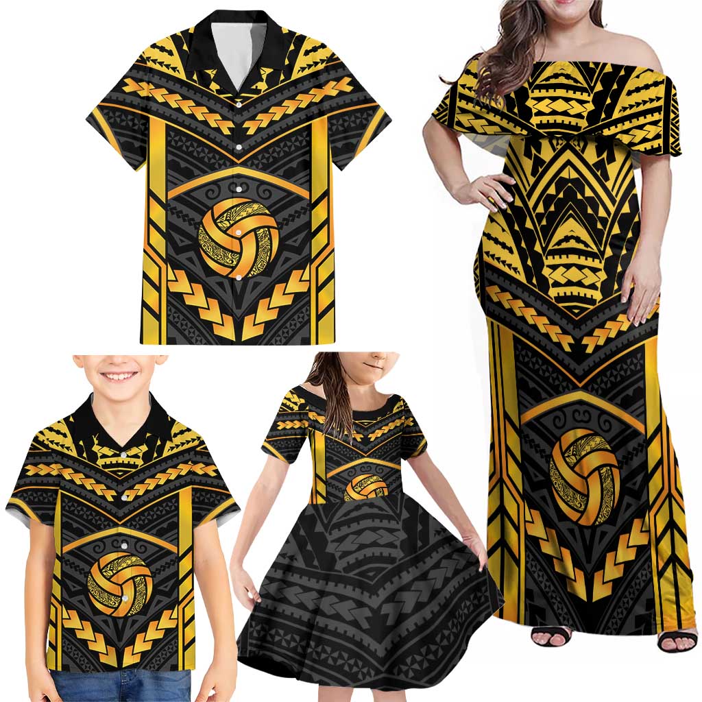 Custom Polynesia Beach Volleyball Family Matching Off Shoulder Maxi Dress and Hawaiian Shirt Gold Polynesian Tribal Pattern - Polynesian Pride