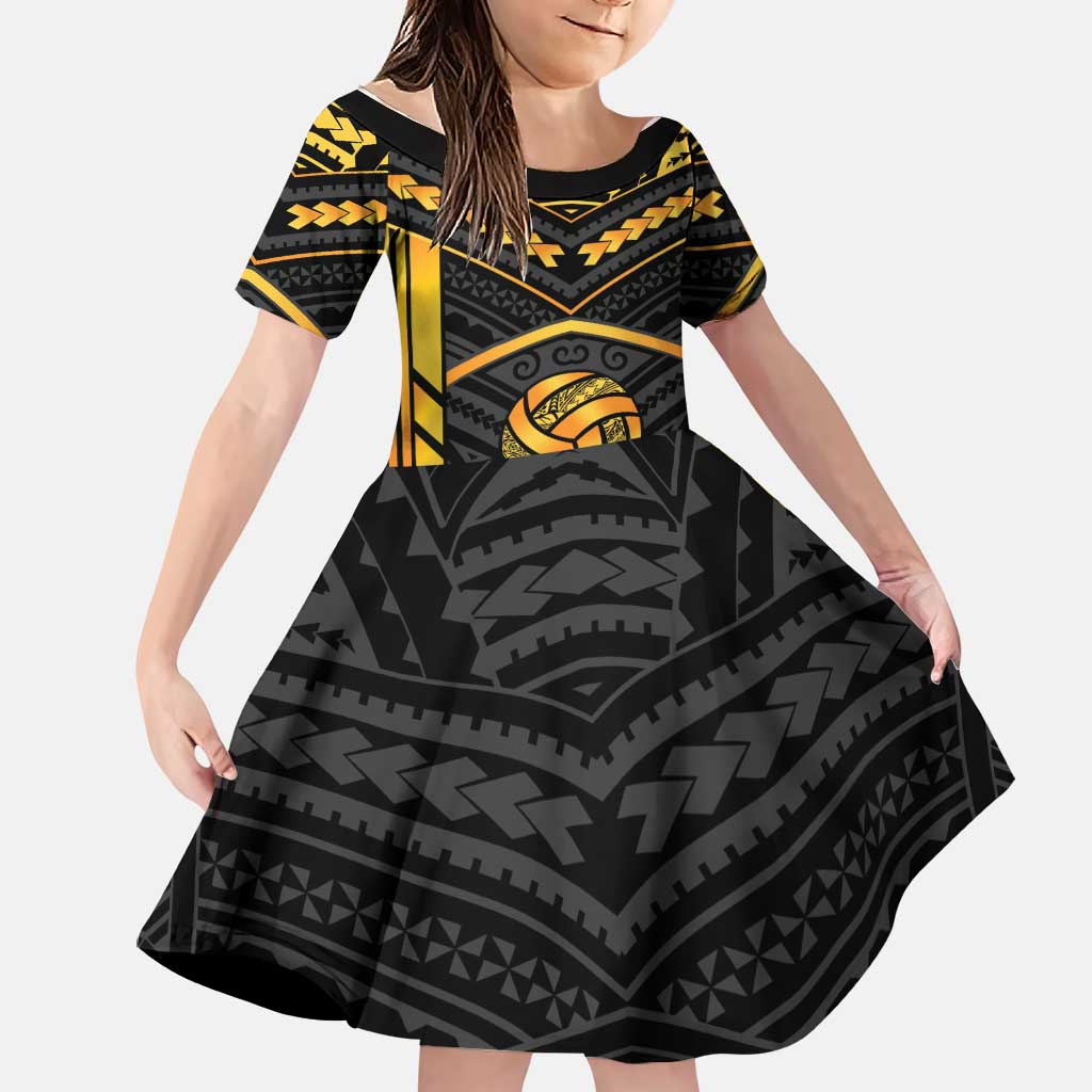 Custom Polynesia Beach Volleyball Family Matching Off Shoulder Short Dress and Hawaiian Shirt Gold Polynesian Tribal Pattern - Polynesian Pride