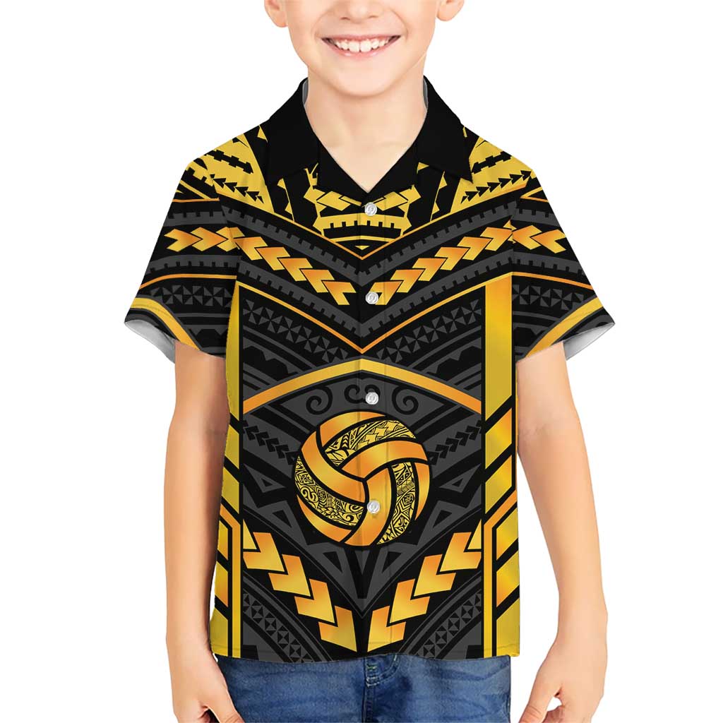 Custom Polynesia Beach Volleyball Family Matching Off Shoulder Short Dress and Hawaiian Shirt Gold Polynesian Tribal Pattern - Polynesian Pride