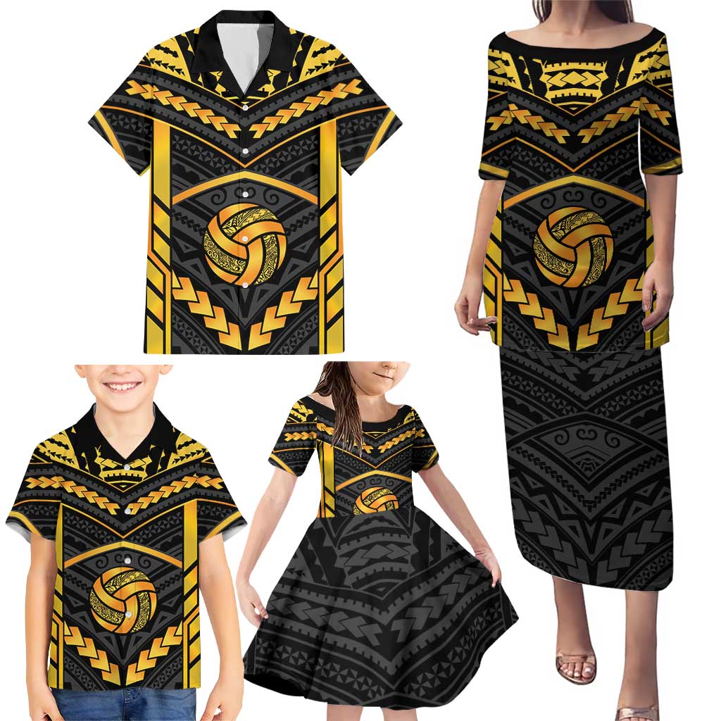 Custom Polynesia Beach Volleyball Family Matching Puletasi and Hawaiian Shirt Gold Polynesian Tribal Pattern LT05 - Polynesian Pride
