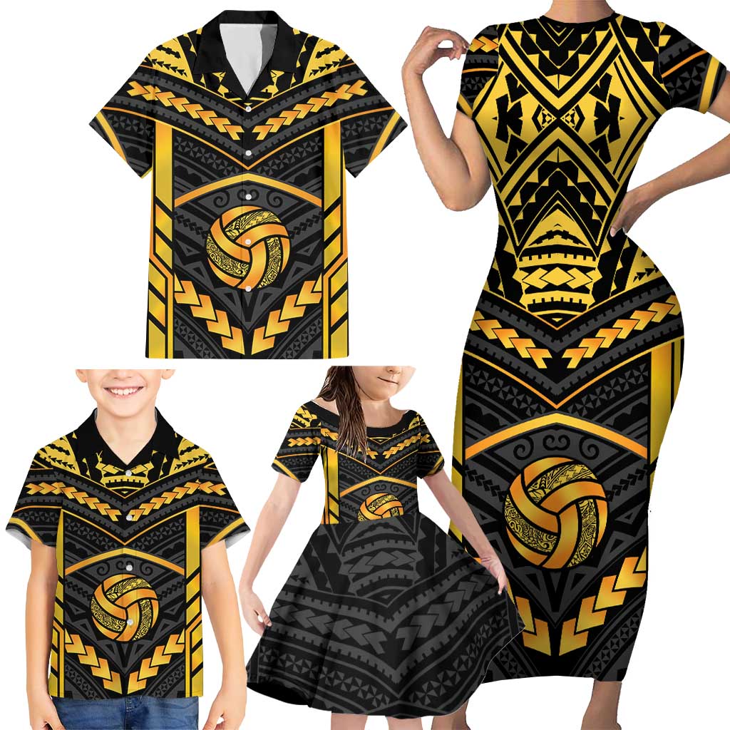 Custom Polynesia Beach Volleyball Family Matching Short Sleeve Bodycon Dress and Hawaiian Shirt Gold Polynesian Tribal Pattern - Polynesian Pride