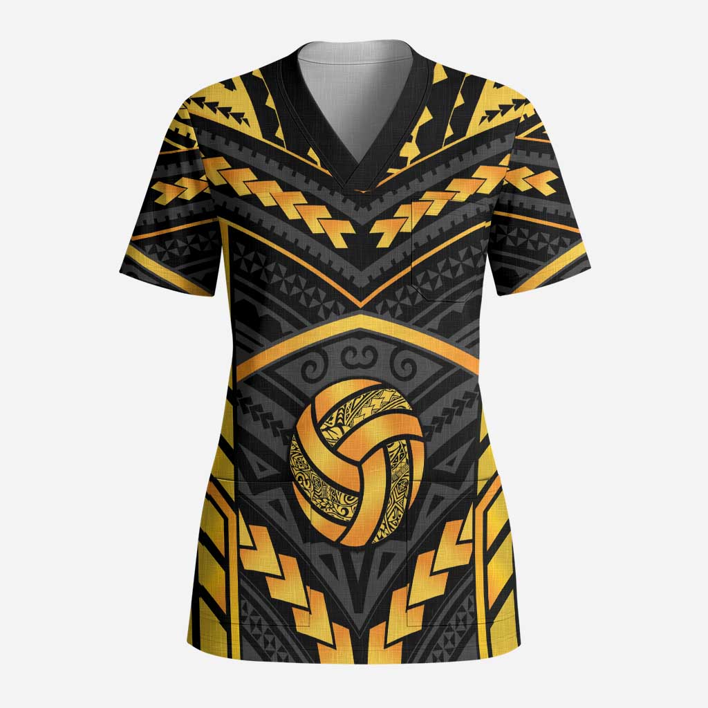 Custom Polynesia Beach Volleyball Scrub Top Gold Polynesian Tribal Pattern - Polynesian Pride