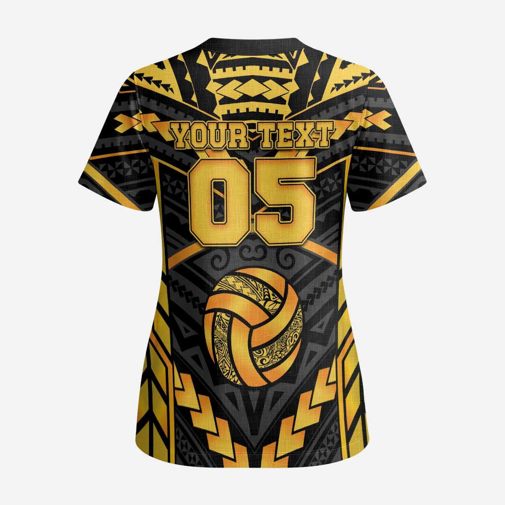 Custom Polynesia Beach Volleyball Scrub Top Gold Polynesian Tribal Pattern - Polynesian Pride