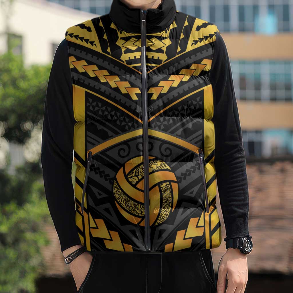Custom Polynesia Beach Volleyball Sleeveless Puffer Jacket Gold Polynesian Tribal Pattern - Polynesian Pride