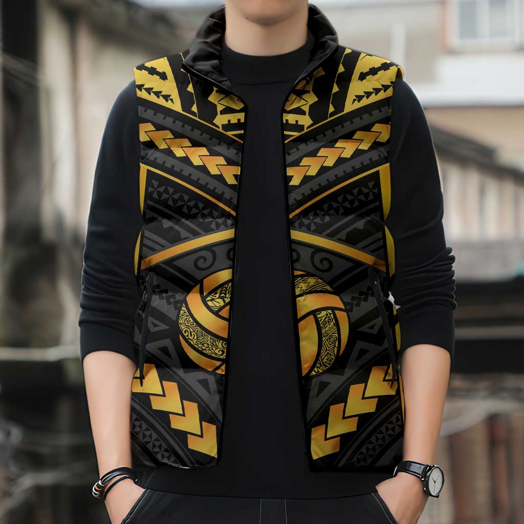 Custom Polynesia Beach Volleyball Sleeveless Puffer Jacket Gold Polynesian Tribal Pattern - Polynesian Pride