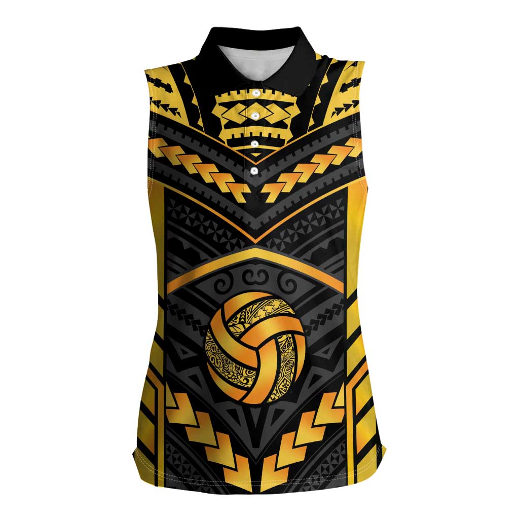 Custom Polynesia Beach Volleyball Women Sleeveless Polo Shirt Gold Polynesian Tribal Pattern - Polynesian Pride