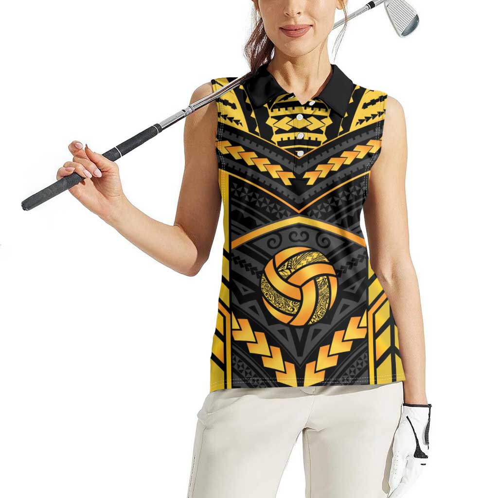 Custom Polynesia Beach Volleyball Women Sleeveless Polo Shirt Gold Polynesian Tribal Pattern - Polynesian Pride