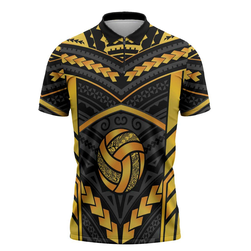 Custom Polynesia Beach Volleyball Zipper Polo Shirt Gold Polynesian Tribal Pattern - Polynesian Pride