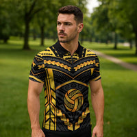 Custom Polynesia Beach Volleyball Zipper Polo Shirt Gold Polynesian Tribal Pattern - Polynesian Pride