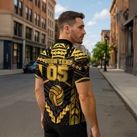 Custom Polynesia Beach Volleyball Zipper Polo Shirt Gold Polynesian Tribal Pattern - Polynesian Pride
