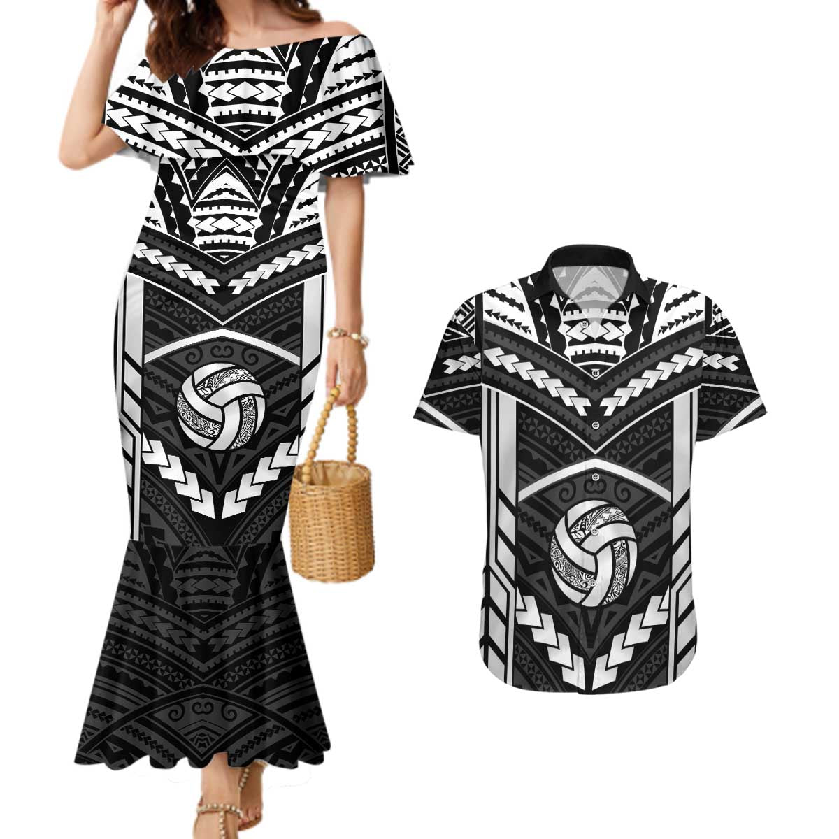 Custom Polynesia Beach Volleyball Couples Matching Mermaid Dress and Hawaiian Shirt Polynesian Tribal Pattern LT05 Black - Polynesian Pride