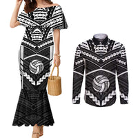Custom Polynesia Beach Volleyball Couples Matching Mermaid Dress and Long Sleeve Button Shirt Polynesian Tribal Pattern LT05 Black - Polynesian Pride