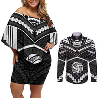 Custom Polynesia Beach Volleyball Couples Matching Off Shoulder Short Dress and Long Sleeve Button Shirt Polynesian Tribal Pattern LT05 Black - Polynesian Pride