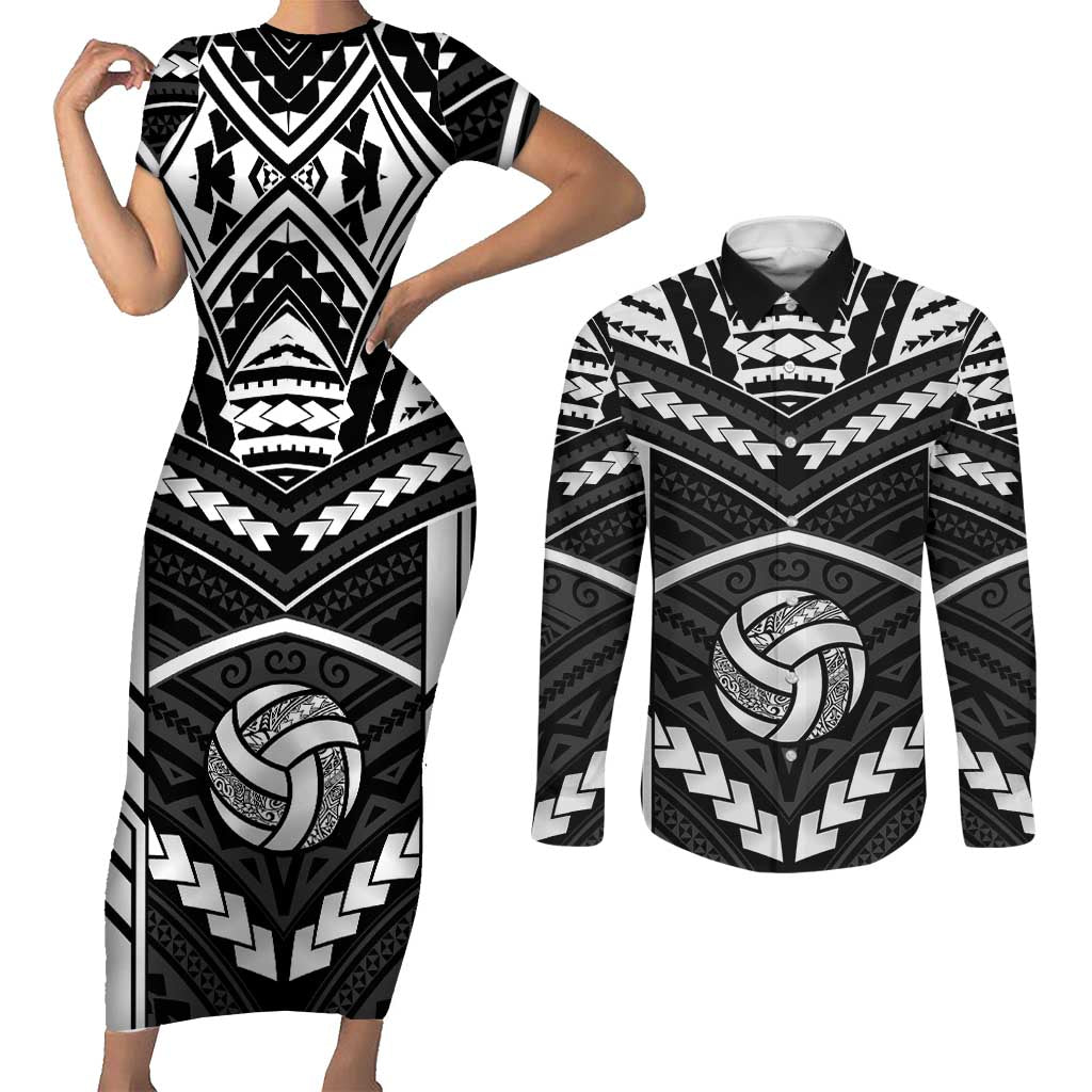 Custom Polynesia Beach Volleyball Couples Matching Short Sleeve Bodycon Dress and Long Sleeve Button Shirt Polynesian Tribal Pattern LT05 Black - Polynesian Pride